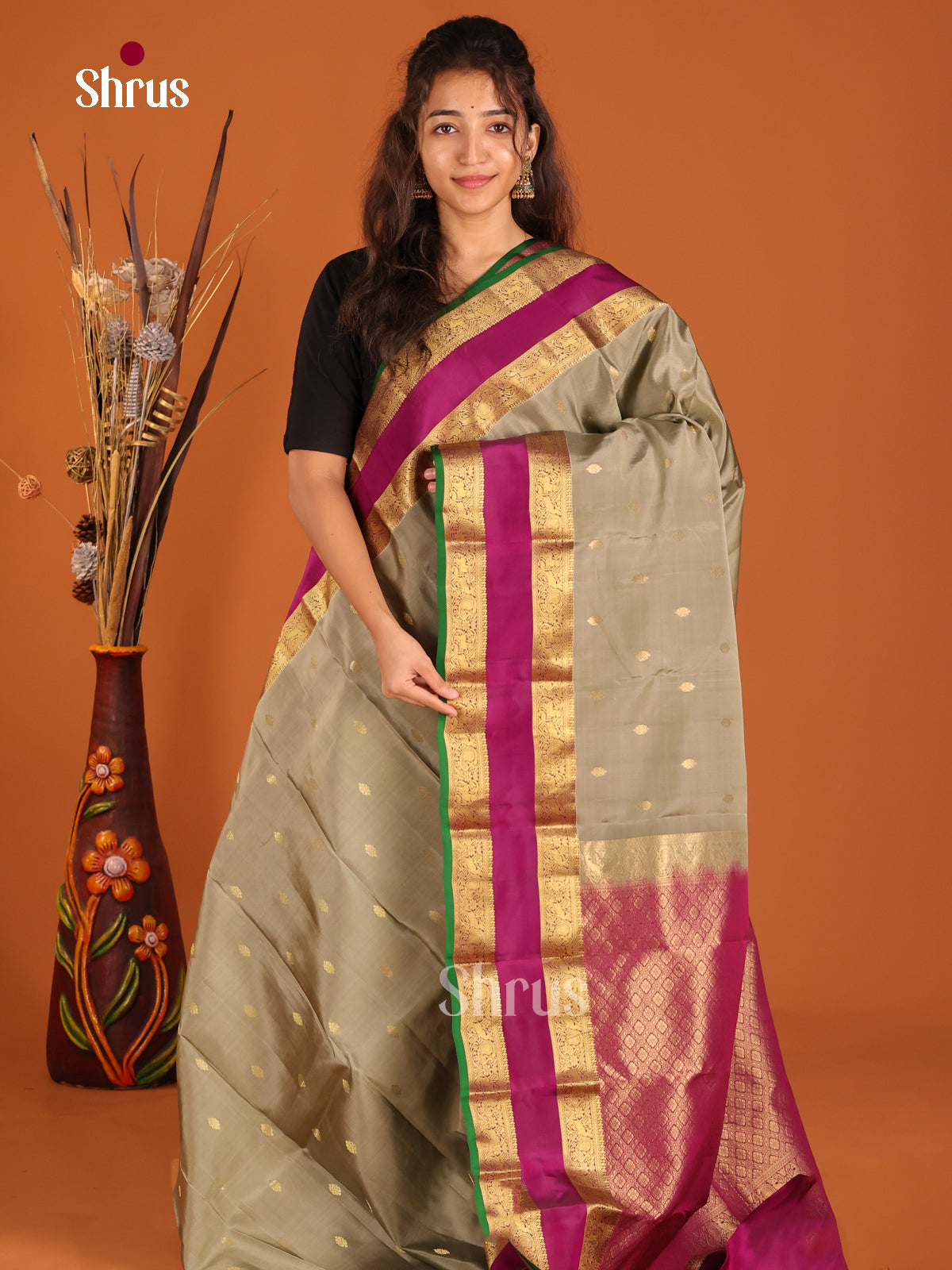 Grey & Purple - Kanchipuram-halfpure Saree - Shop on Shrus.com