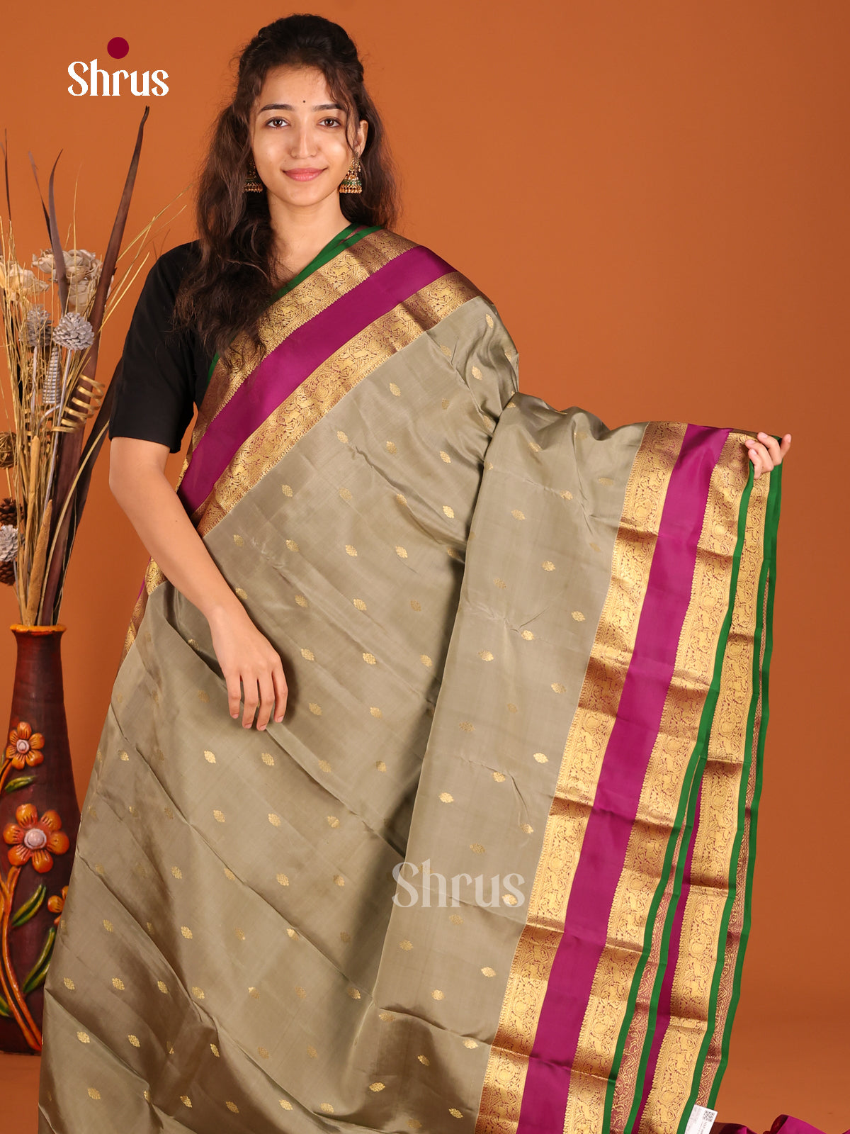 Grey & Purple - Kanchipuram-halfpure Saree - Shop on Shrus.com