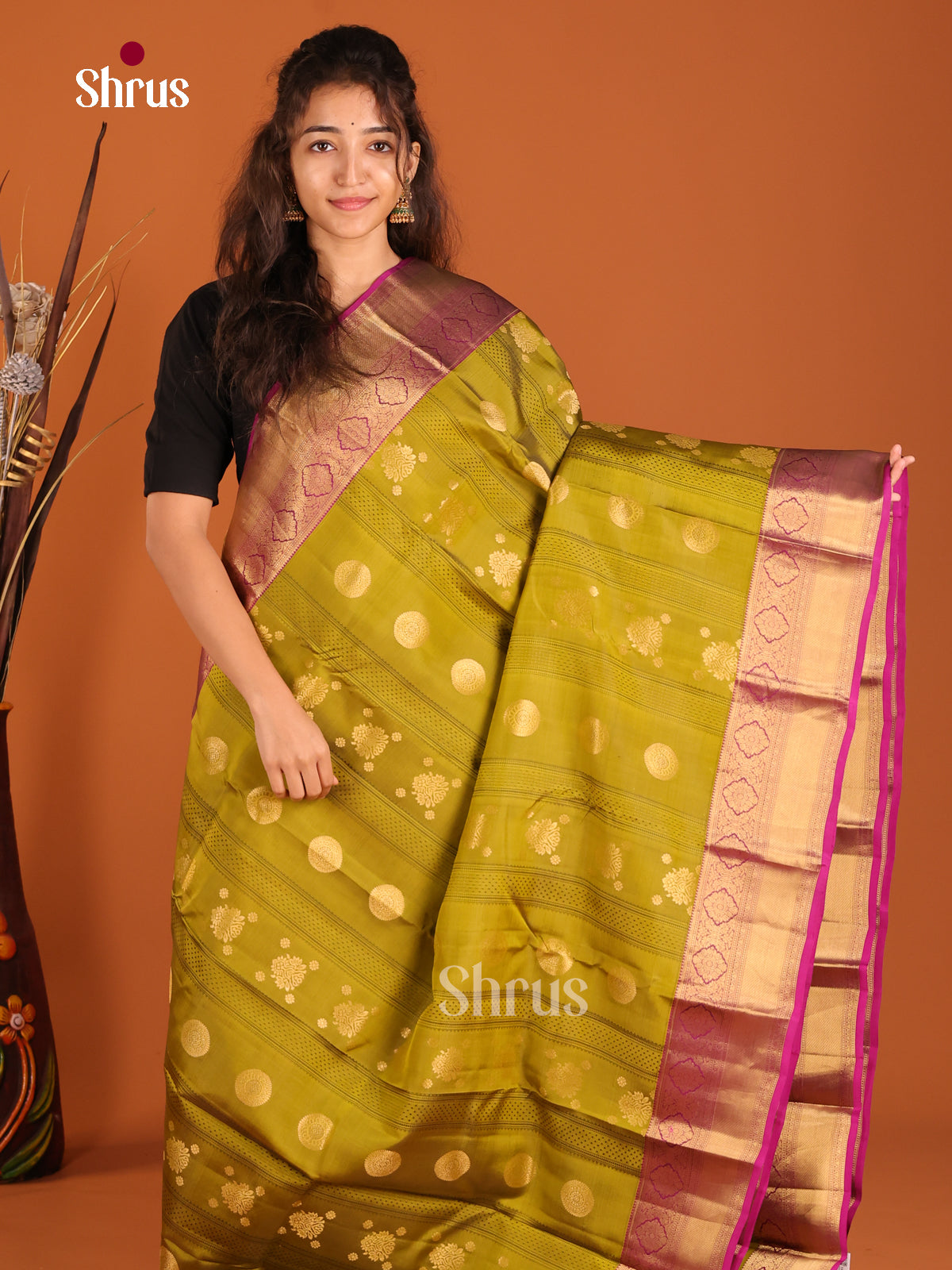Mehandi Green & Purple - Kanchipuram-halfpure Saree - Shop on Shrus.com