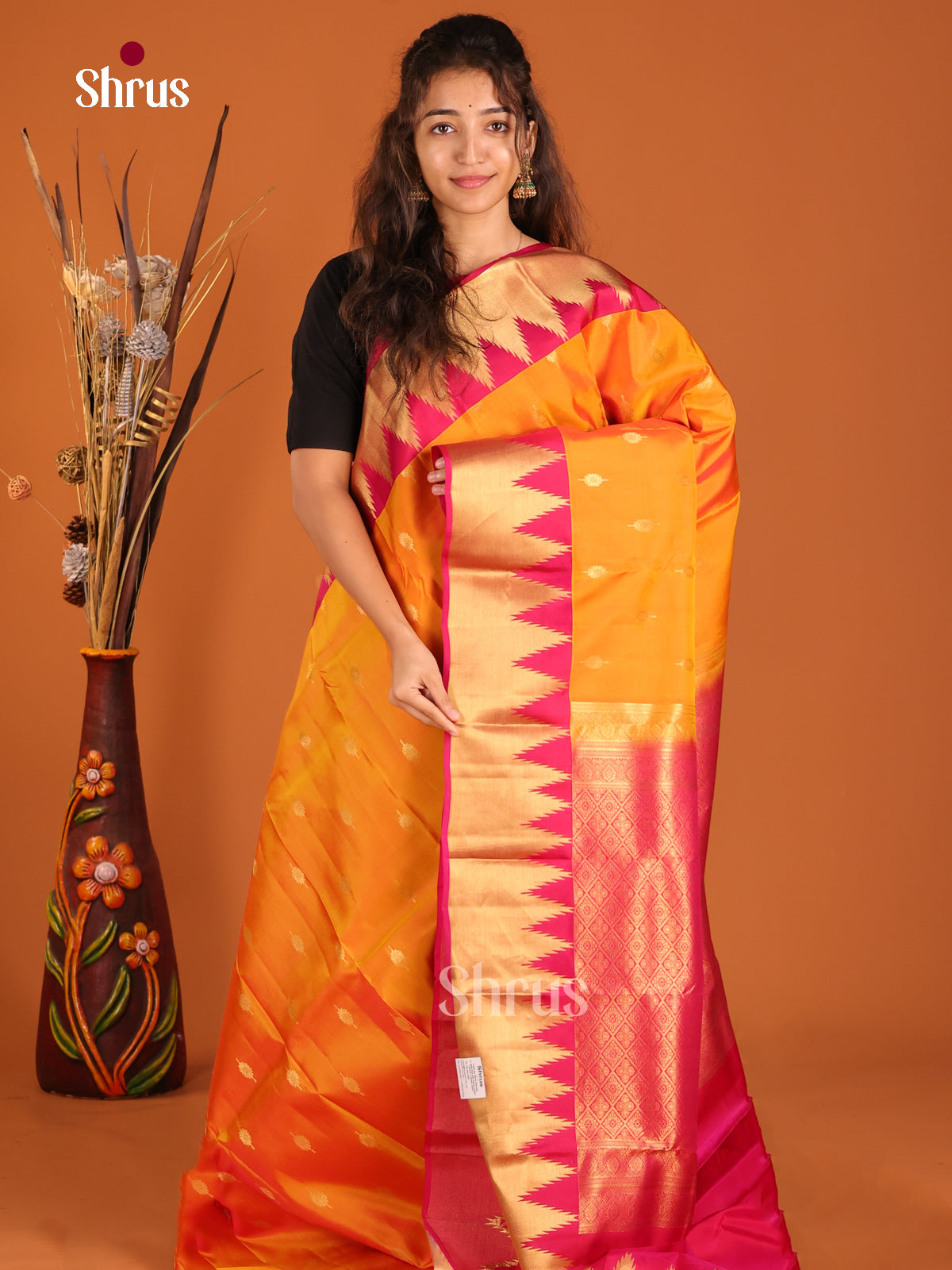Orange & Pink - Kanchipuram-halfpure Saree - Shop on Shrus.com