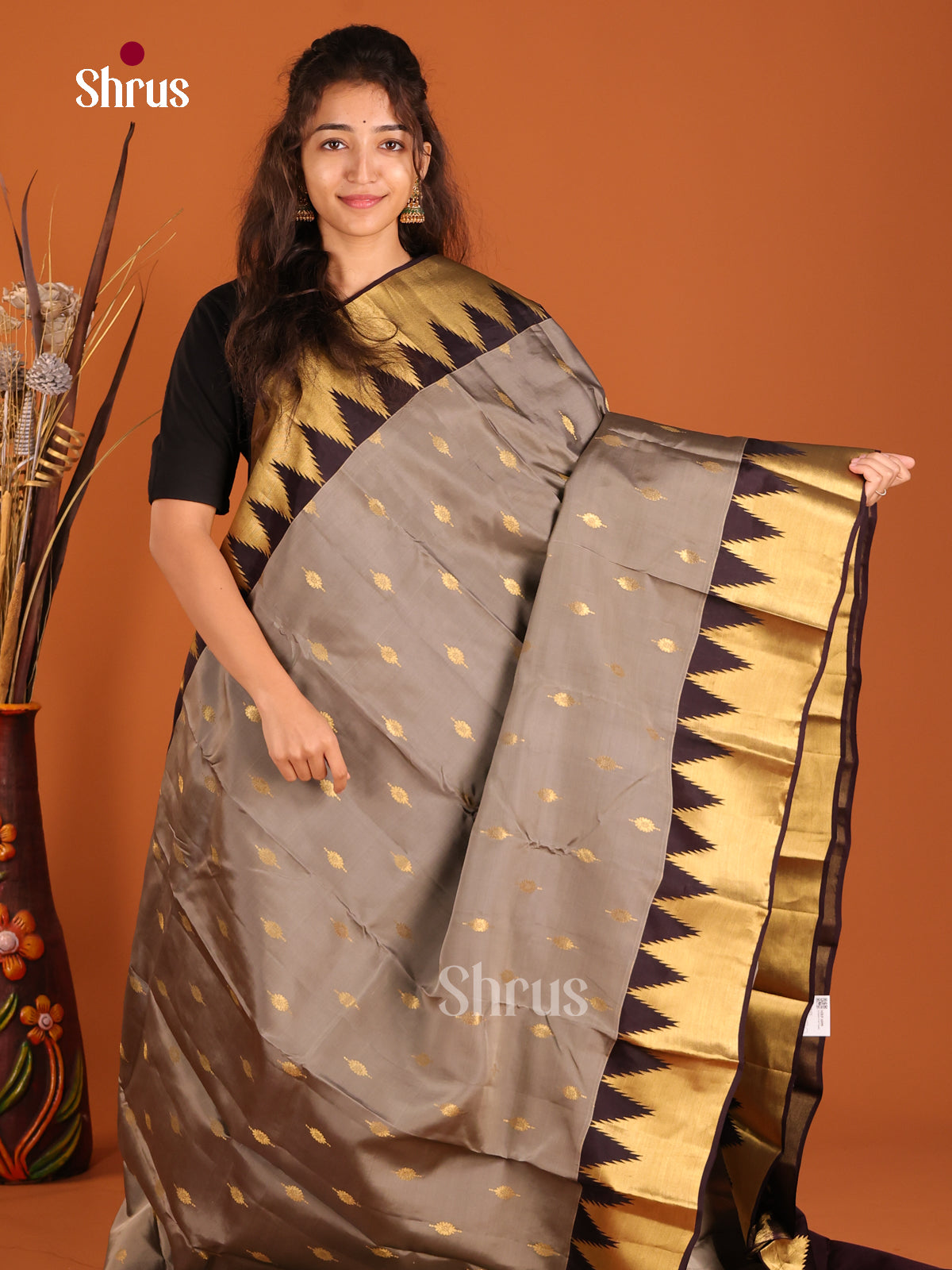 Grey & Brown  - Kanchipuram-halfpure Saree - Shop on Shrus.com