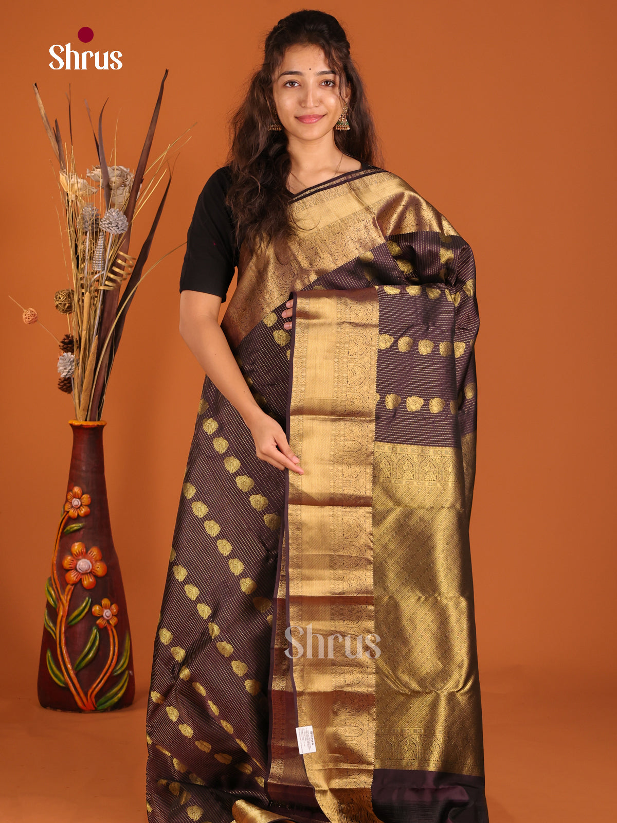 Dark Brown(Single Tone) - Kanchipuram-halfpure Saree - Shop on Shrus.com