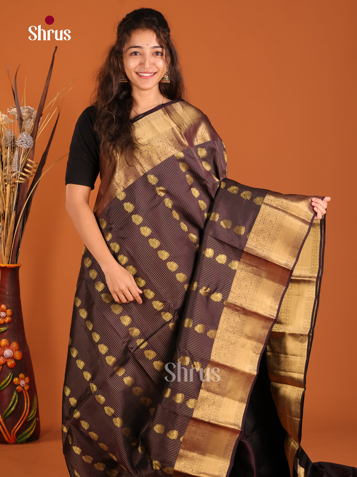Dark Brown(Single Tone) - Kanchipuram-halfpure Saree - Shop on Shrus.com