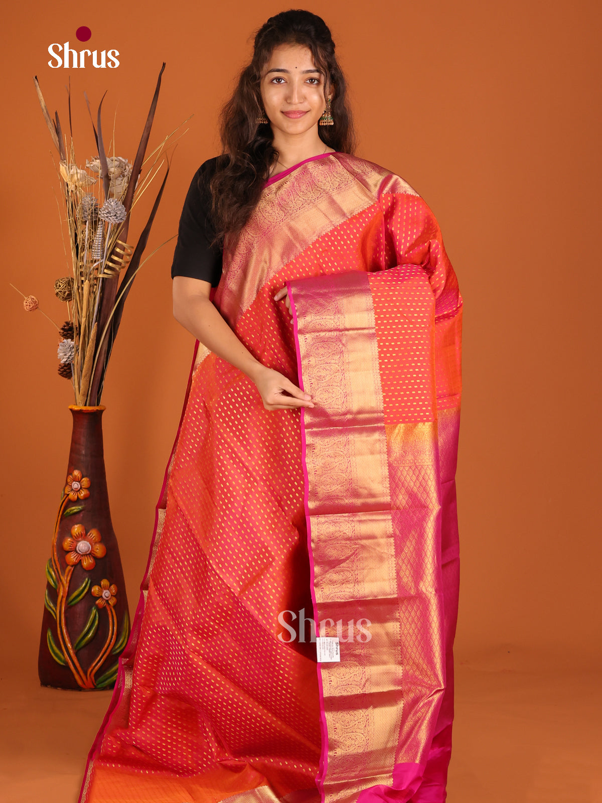 Orange & Pink - Kanchipuram-halfpure Saree - Shop on Shrus.com