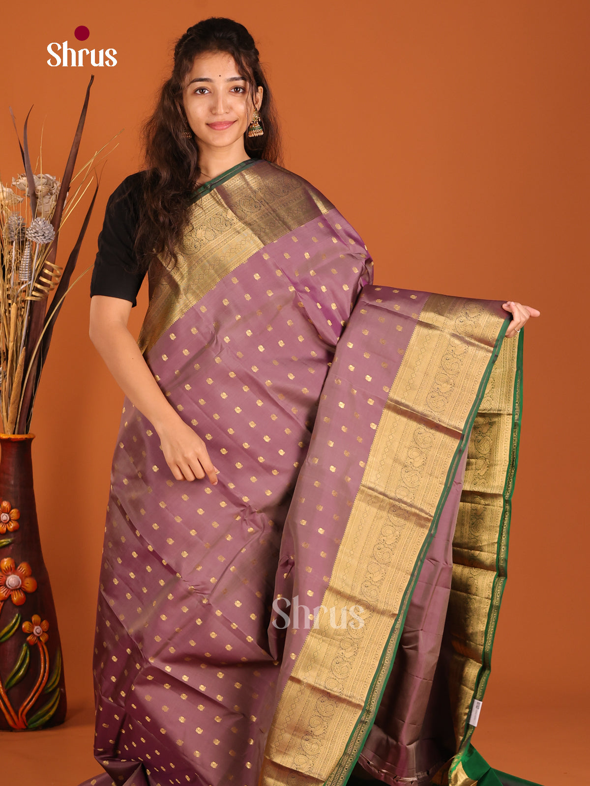 Lavender & Green - Kanchipuram-halfpure Saree - Shop on Shrus.com