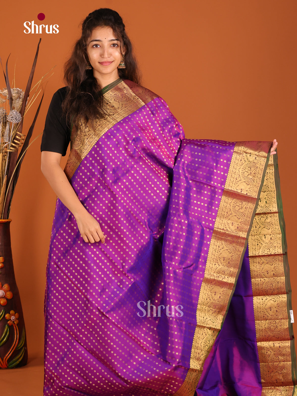 Purple & Green - Kanchipuram-halfpure Saree - Shop on Shrus.com