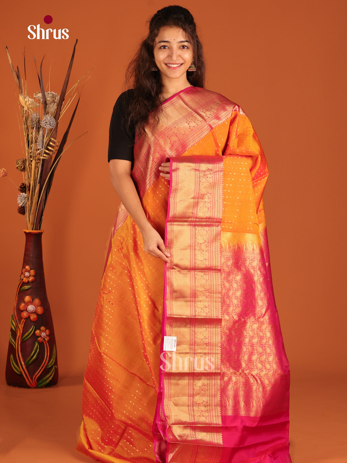 Orange & Pink - Kanchipuram-halfpure Saree - Shop on Shrus.com