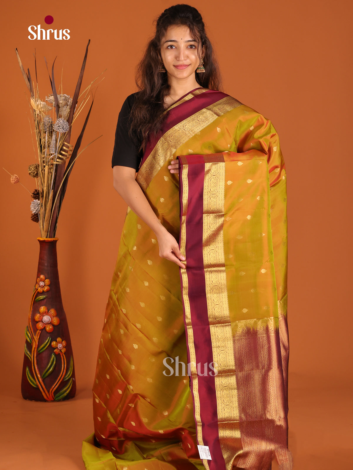 Mustardy Green & Maroon - Kanchipuram-halfpure Saree - Shop on Shrus.com