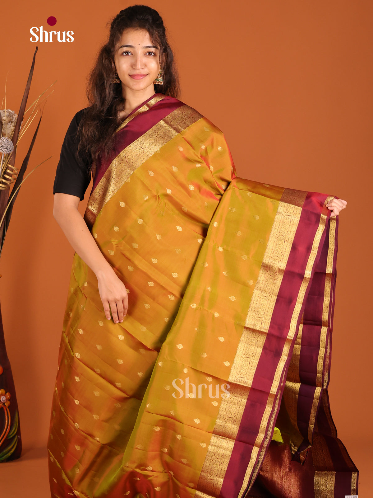 Mustardy Green & Maroon - Kanchipuram-halfpure Saree - Shop on Shrus.com