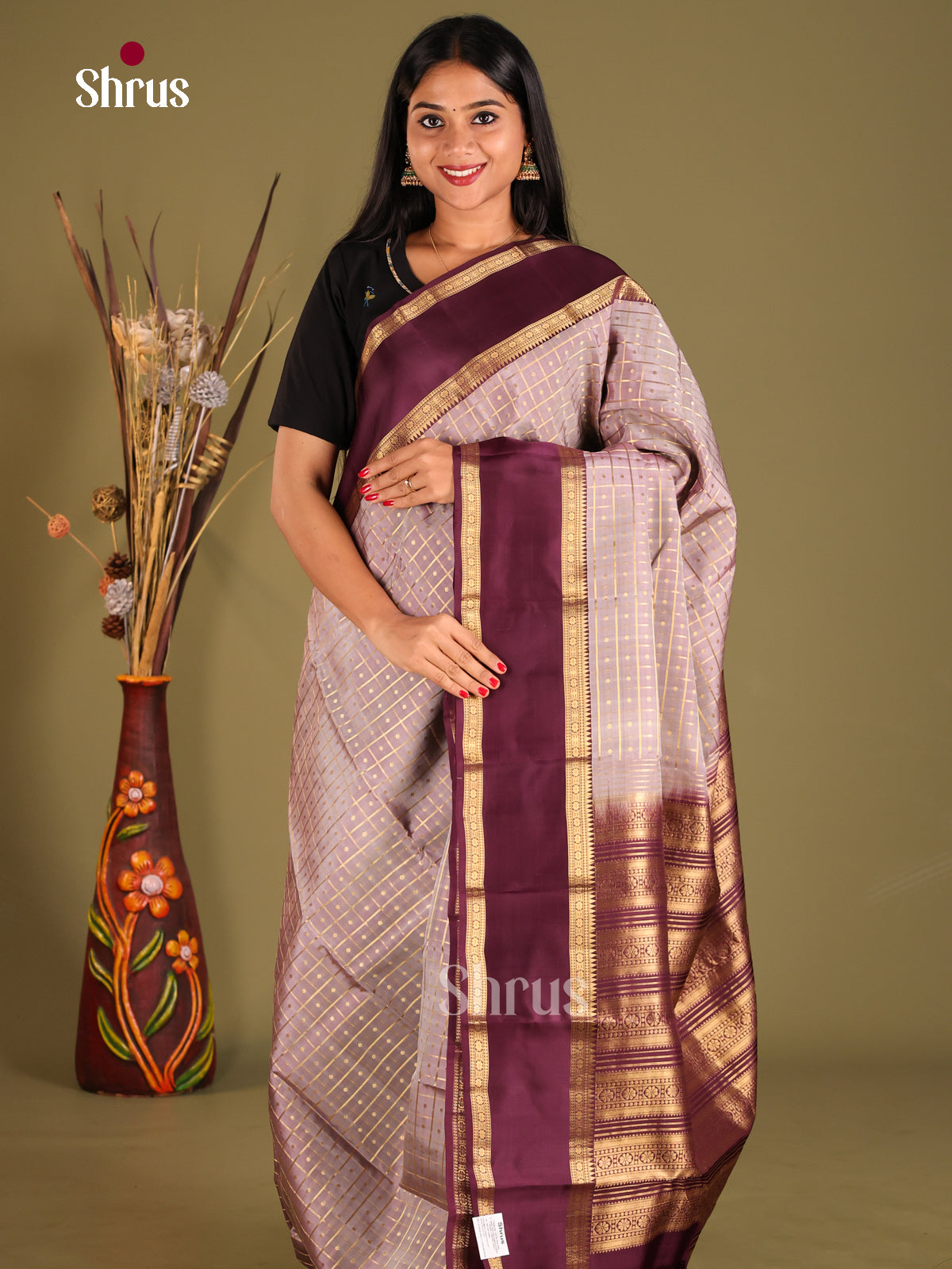 Grey & Maroon- Kanchipuram-halfpure Saree - Shop on Shrus.com