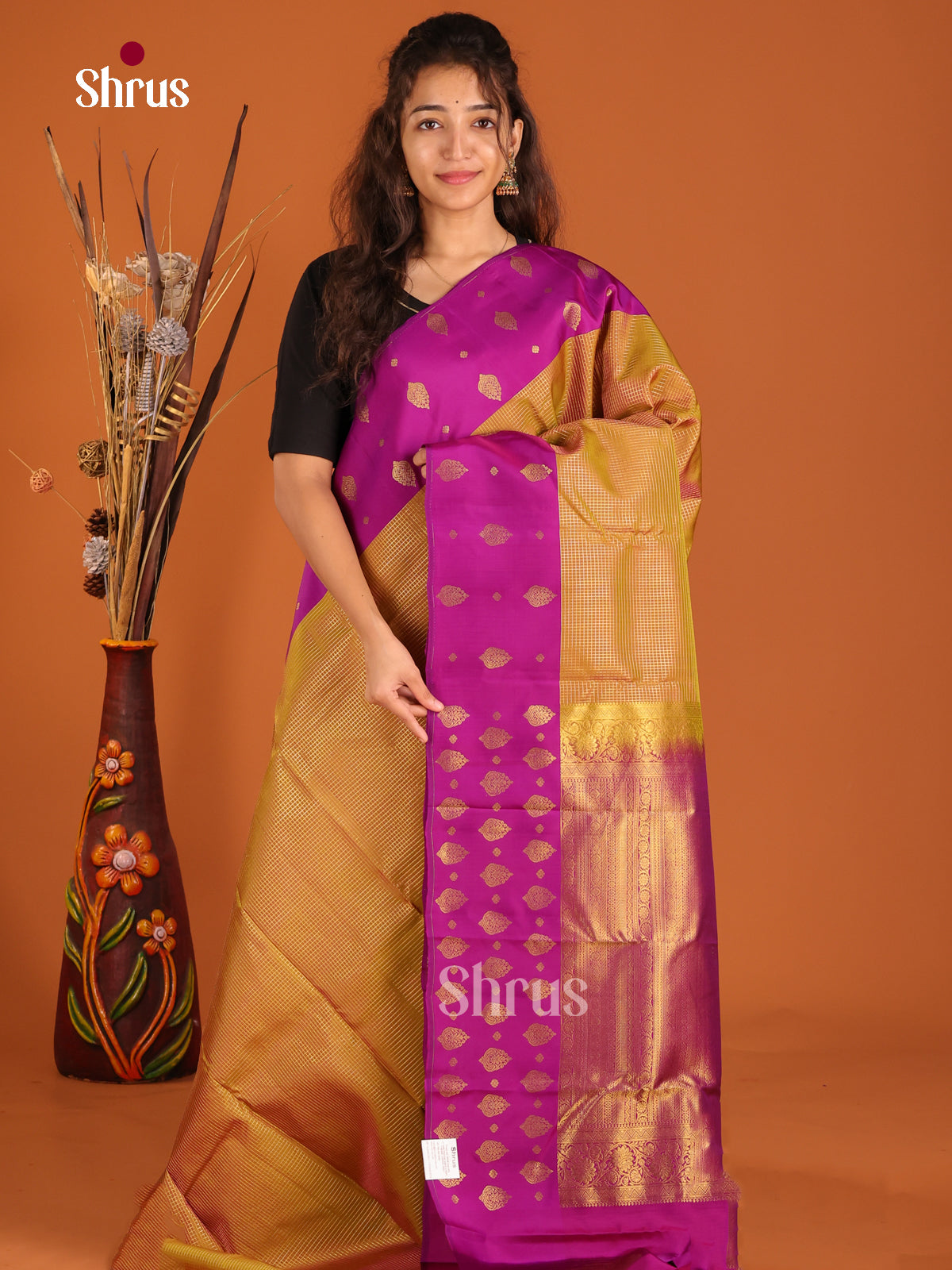 Dark Mustard & Purple- Kanchipuram-halfpure Saree - Shop on Shrus.com