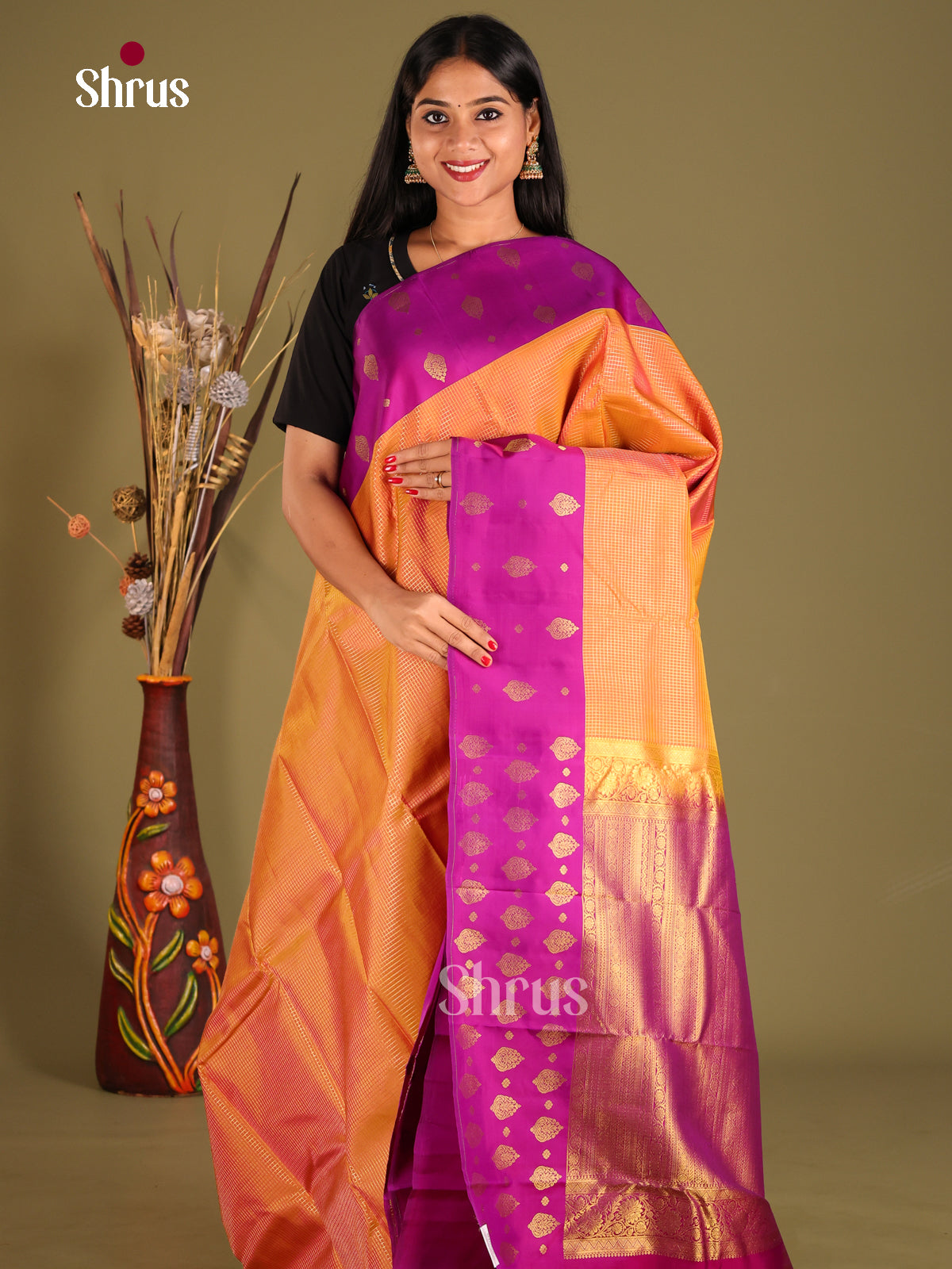 Orange & Majenta - Kanchipuram-halfpure Saree - Shop on Shrus.com