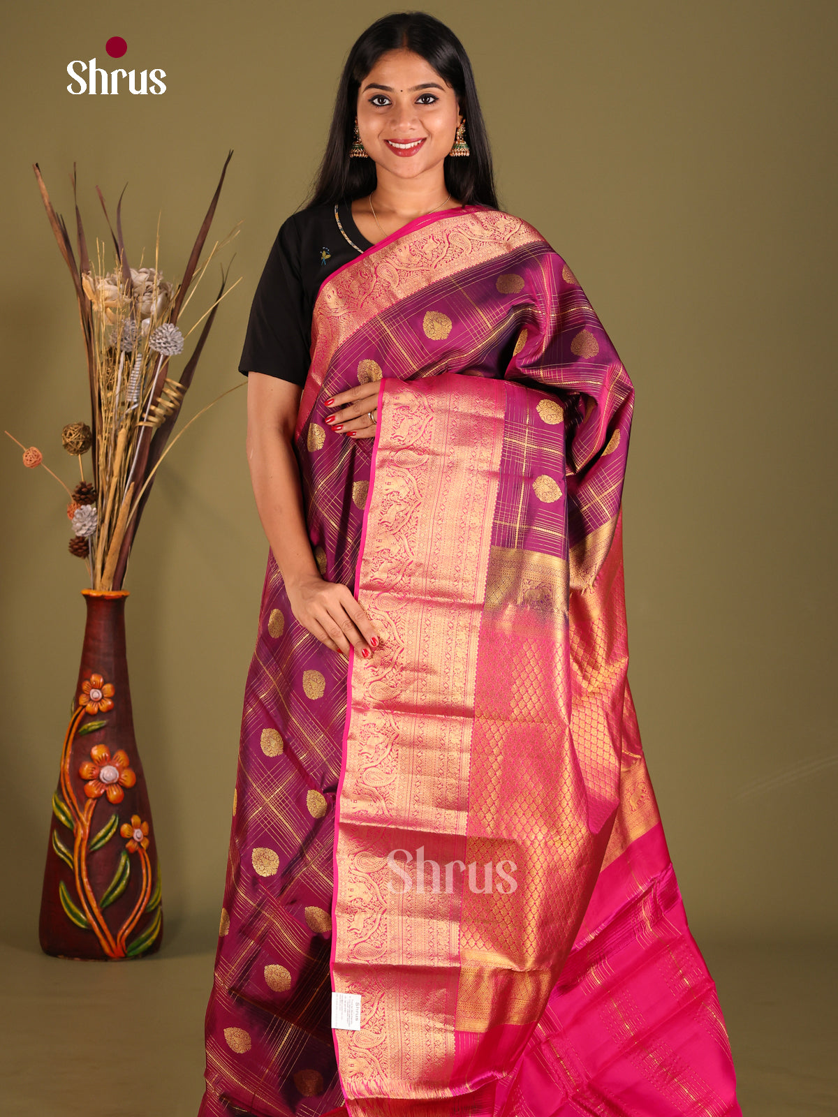 Purple & Pink - Kanchipuram-halfpure Saree - Shop on Shrus.com