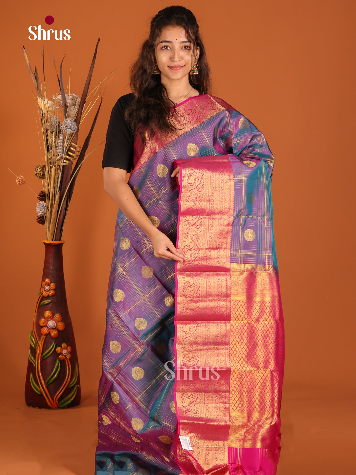 Double Shaded Blue & Pink - Kanchipuram-halfpure Saree - Shop on Shrus.com