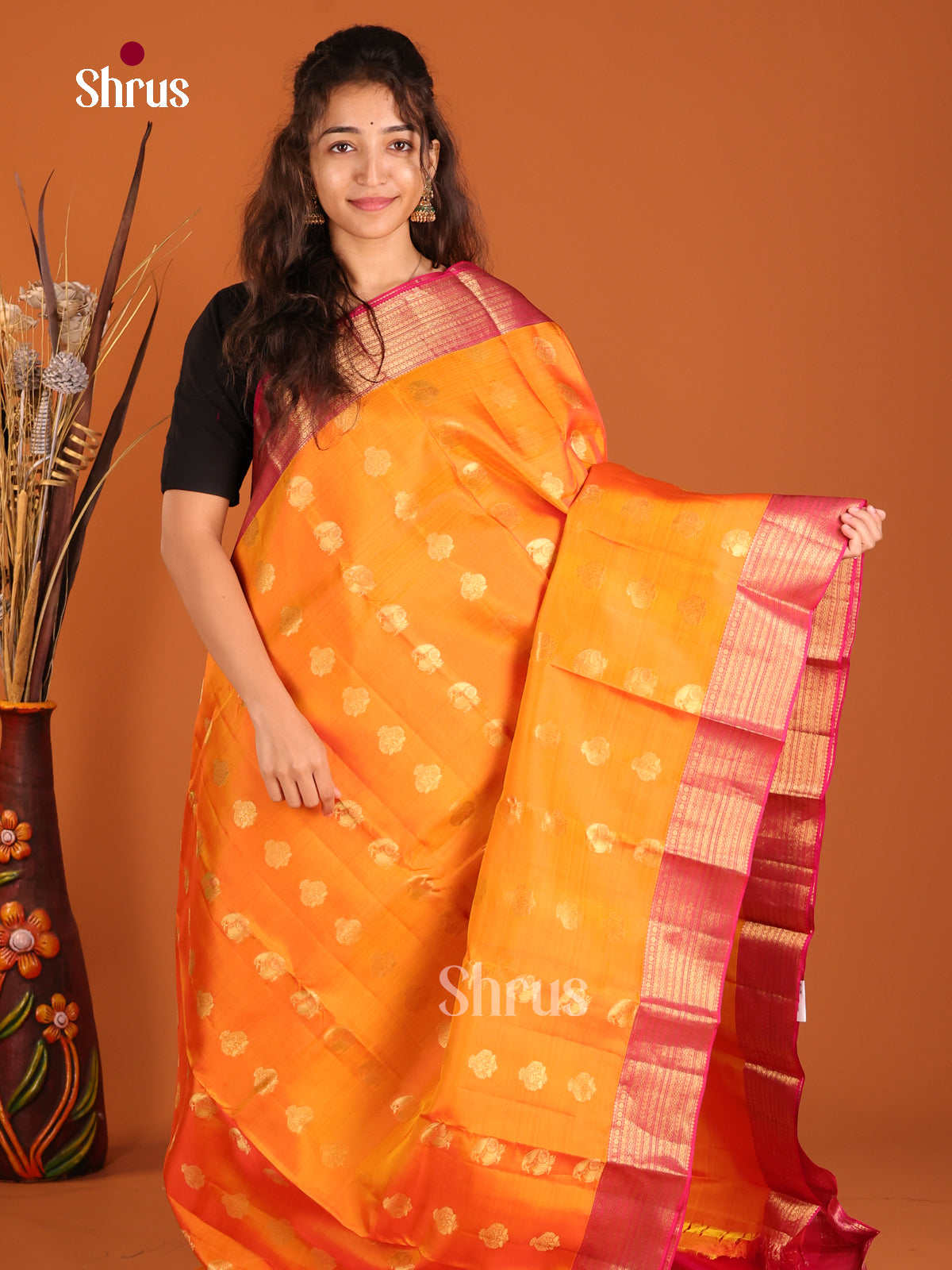 Orange & Pink - Kanchipuram-halfpure Saree - Shop on Shrus.com