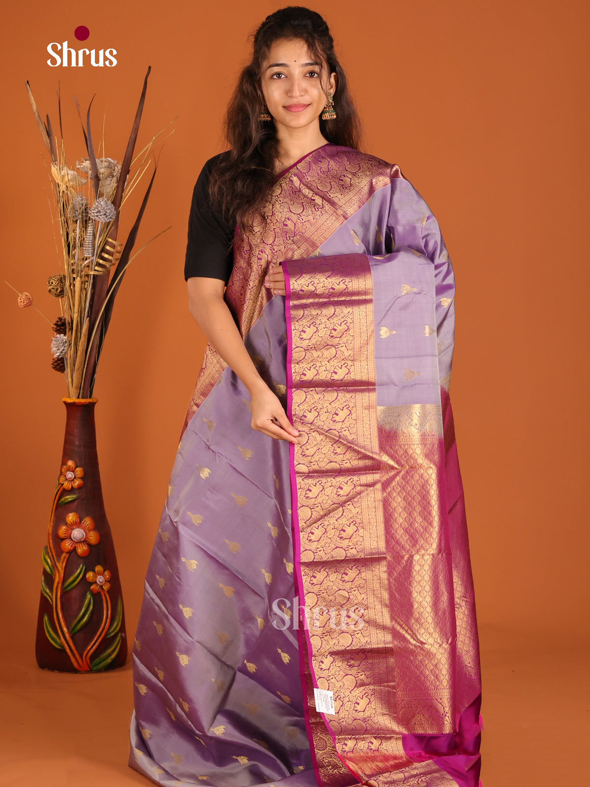 Lavender & Purple- Kanchipuram-halfpure Saree - Shop on Shrus.com