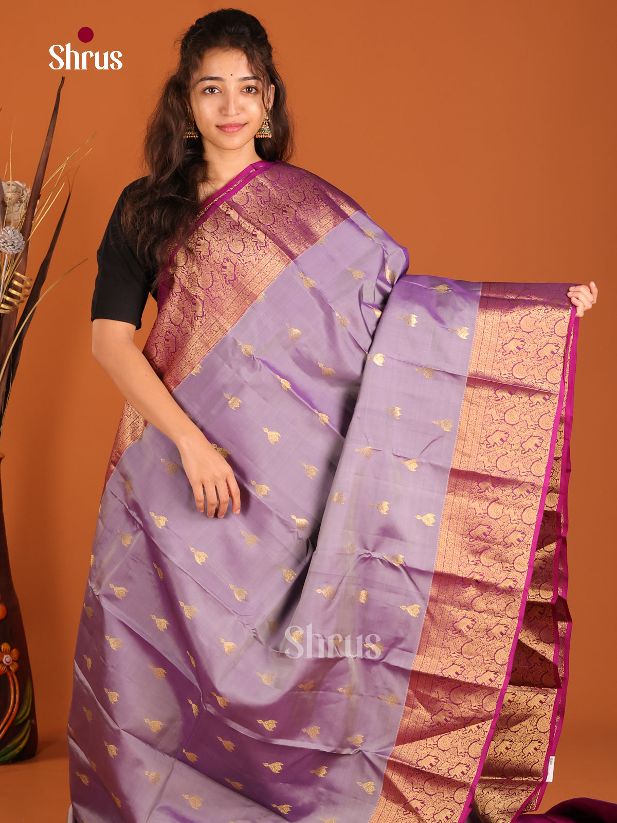 Lavender & Purple- Kanchipuram-halfpure Saree - Shop on Shrus.com