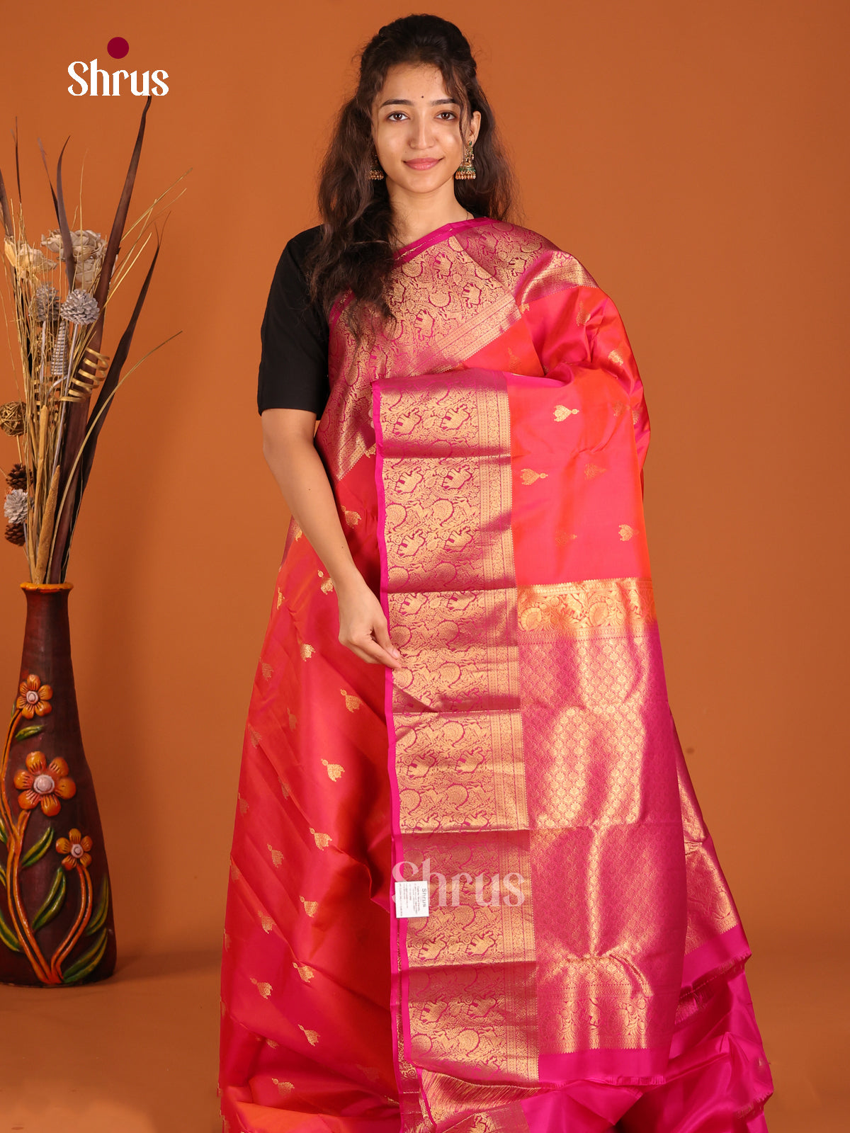Orange & Pink - Kanchipuram-halfpure Saree - Shop on Shrus.com