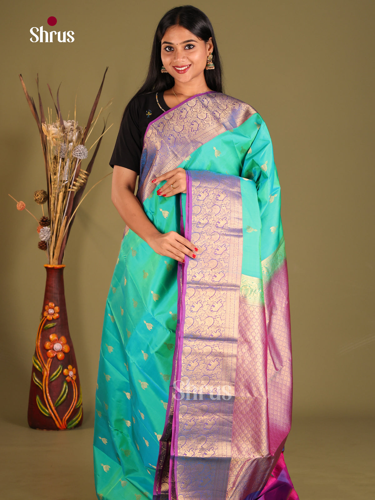 Teal & Lavender - Kanchipuram-halfpure Saree - Shop on Shrus.com