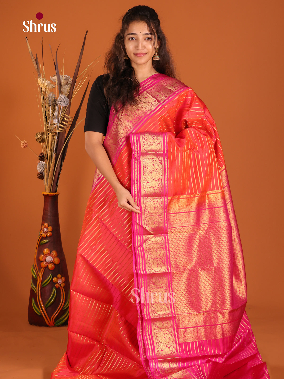 Orange & Pink - Kanchipuram-halfpure Saree - Shop on Shrus.com