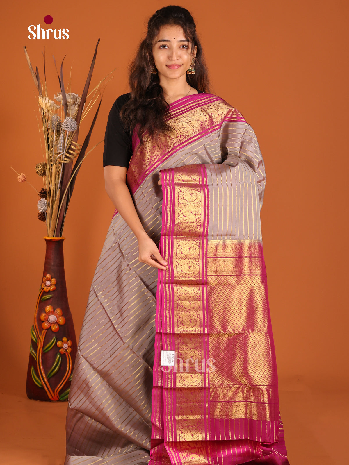 Grey & Maroon- Kanchipuram-halfpure Saree - Shop on Shrus.com