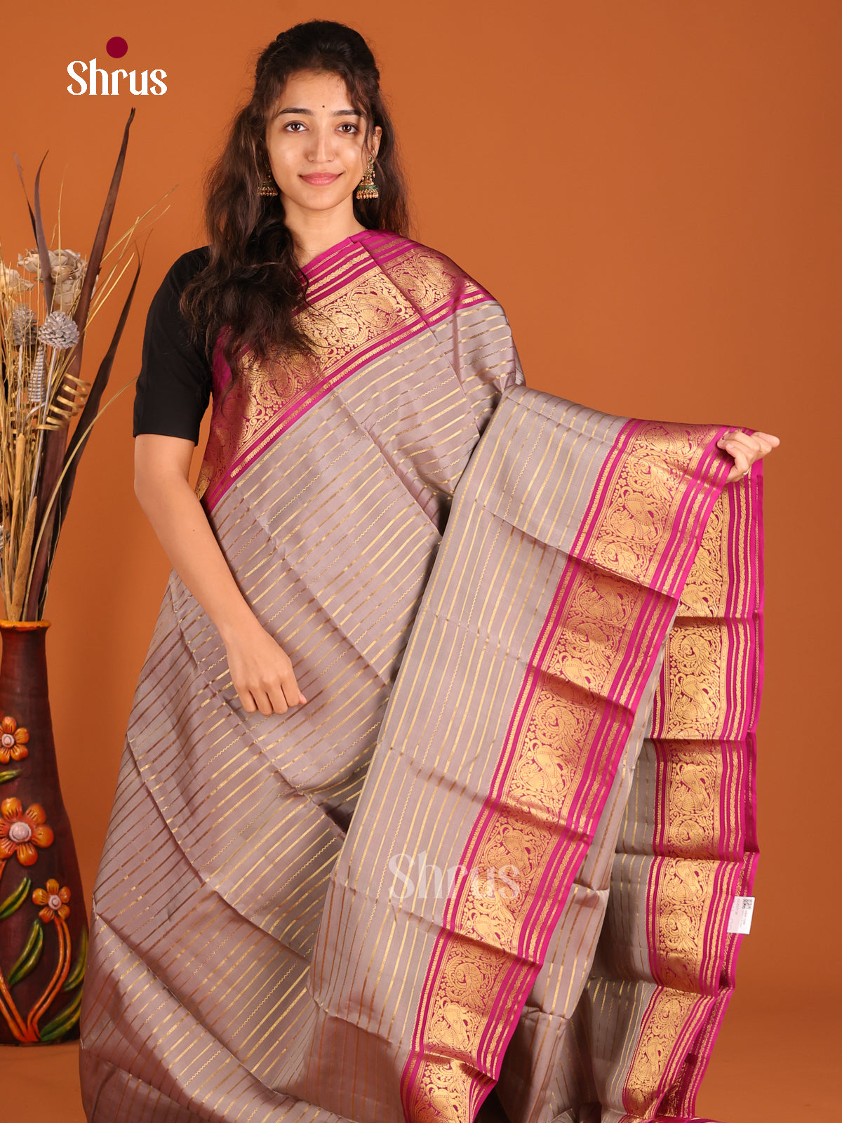 Grey & Maroon- Kanchipuram-halfpure Saree - Shop on Shrus.com