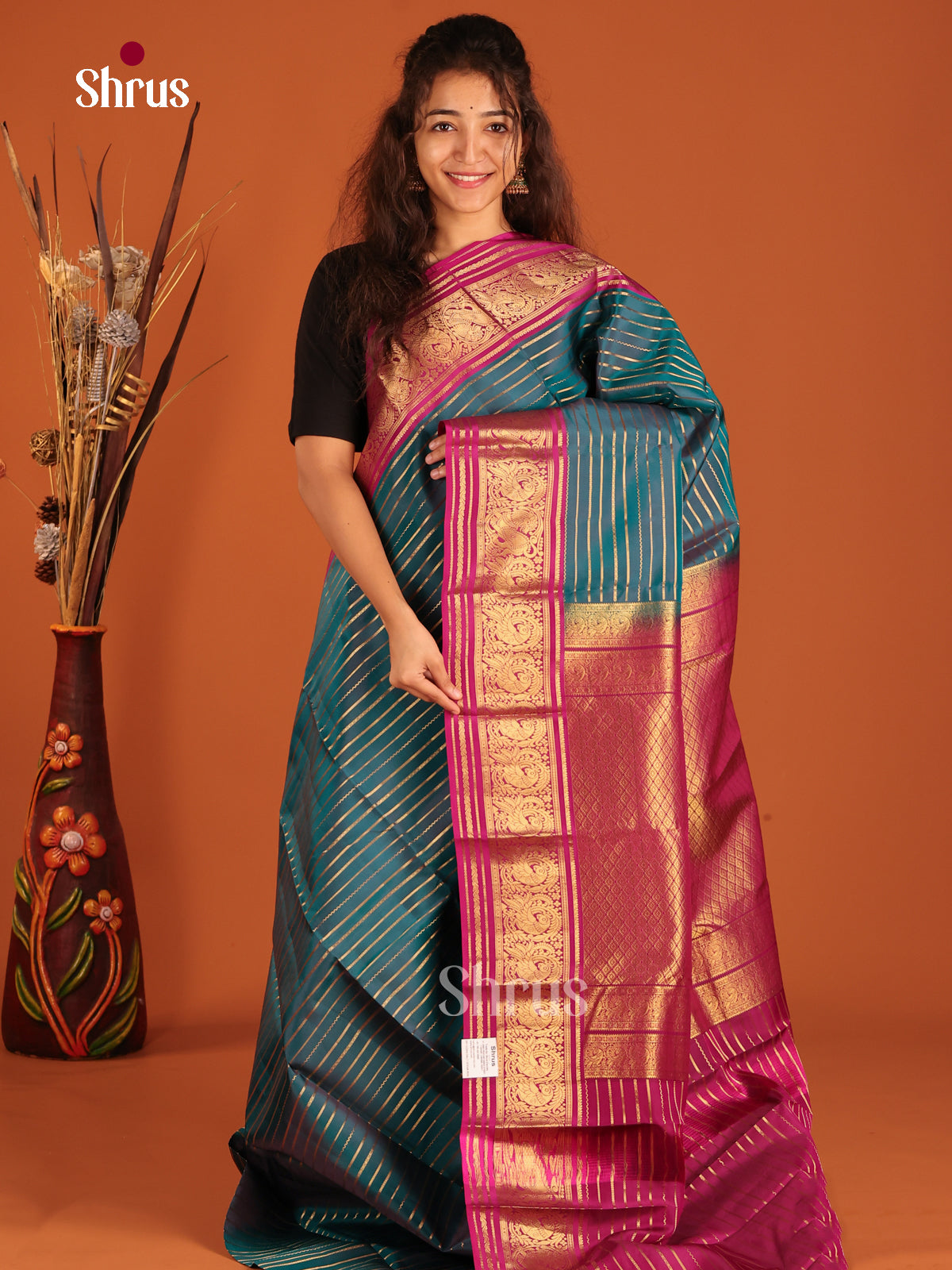 Peacock Blue & Purple - Kanchipuram-halfpure Saree - Shop on Shrus.com