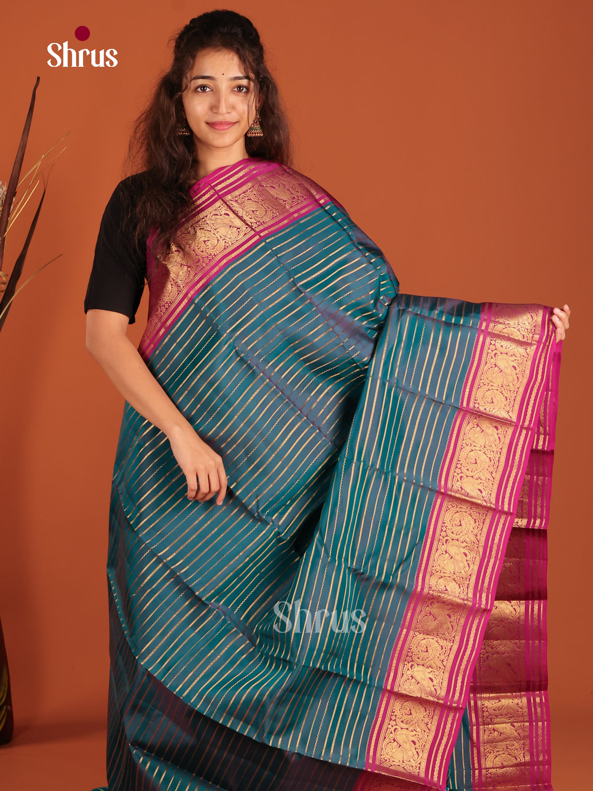 Peacock Blue & Purple - Kanchipuram-halfpure Saree - Shop on Shrus.com