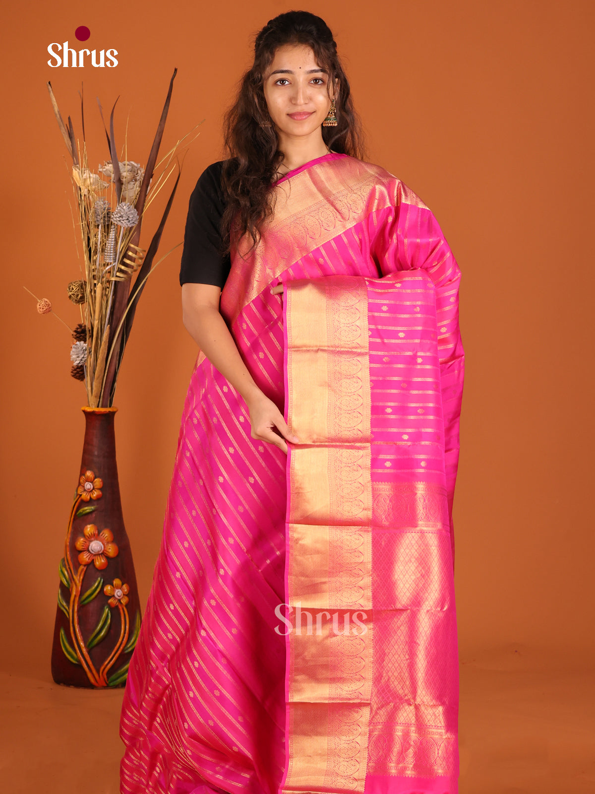 Pink(Single tone)- Kanchipuram-halfpure Saree - Shop on Shrus.com