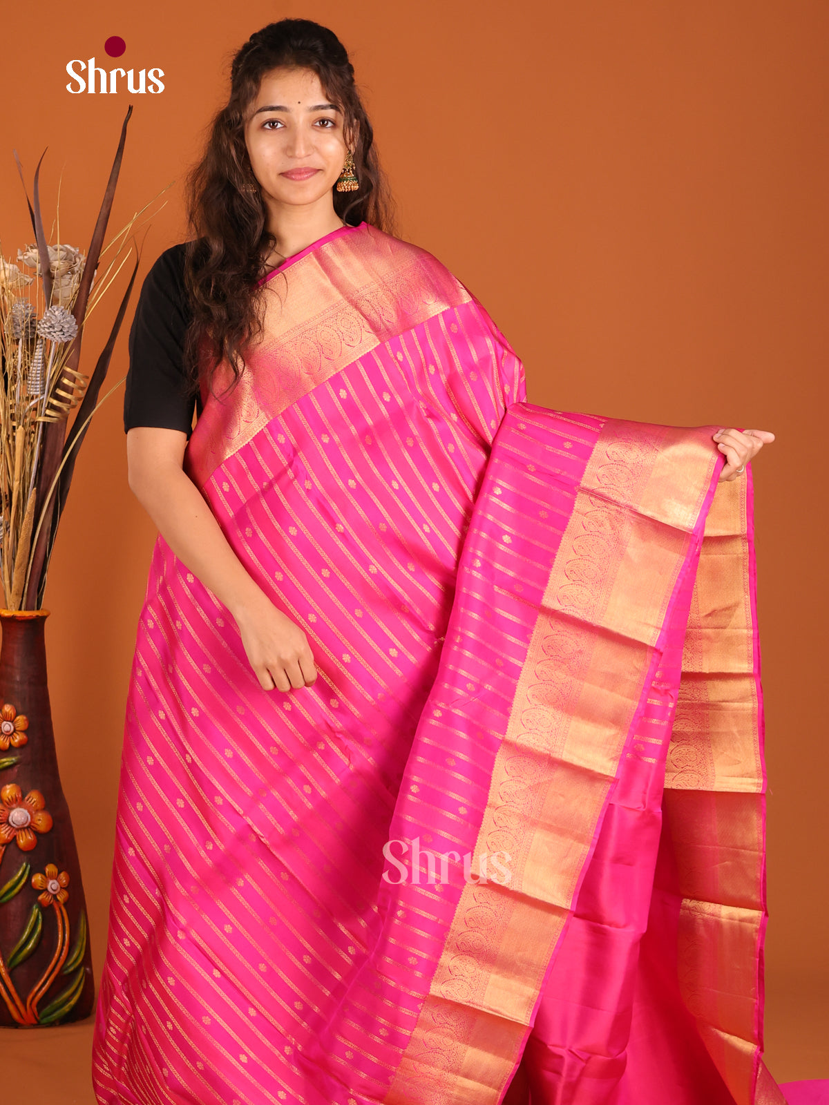 Pink(Single tone)- Kanchipuram-halfpure Saree - Shop on Shrus.com
