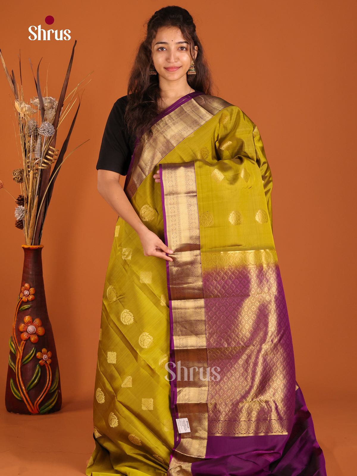 Mehandi Green & Violet- Kanchipuram-halfpure Saree - Shop on Shrus.com