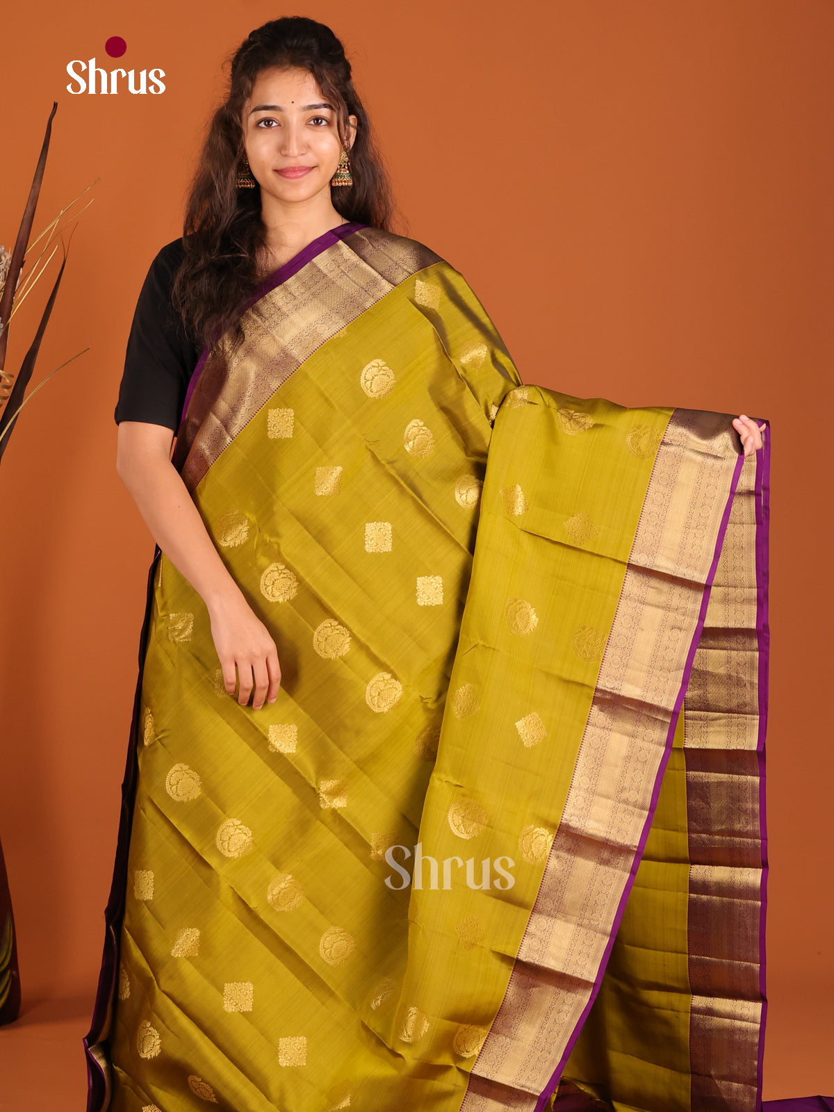 Mehandi Green & Violet- Kanchipuram-halfpure Saree - Shop on Shrus.com