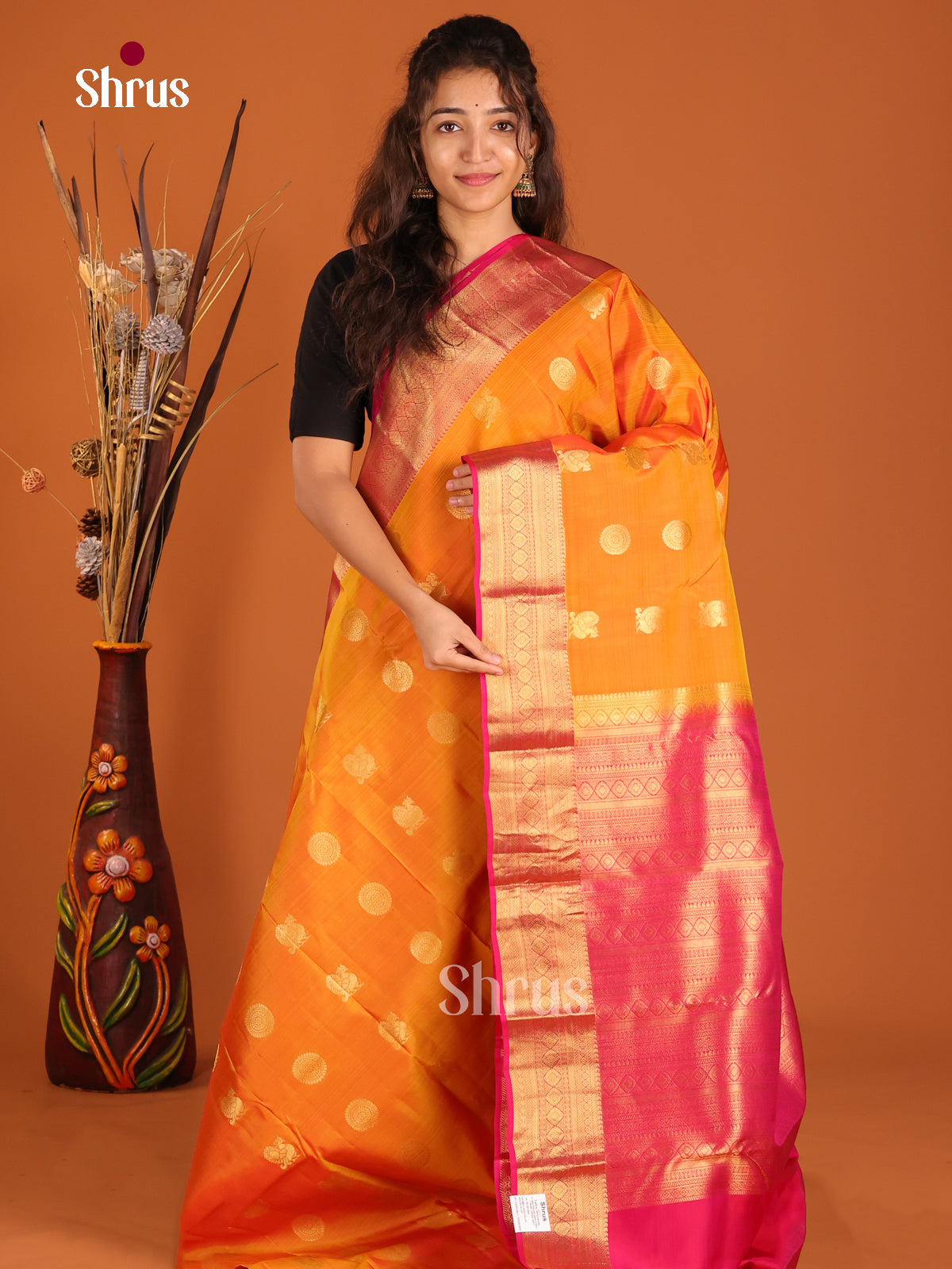 Orange & Pink - Kanchipuram-halfpure Saree - Shop on Shrus.com