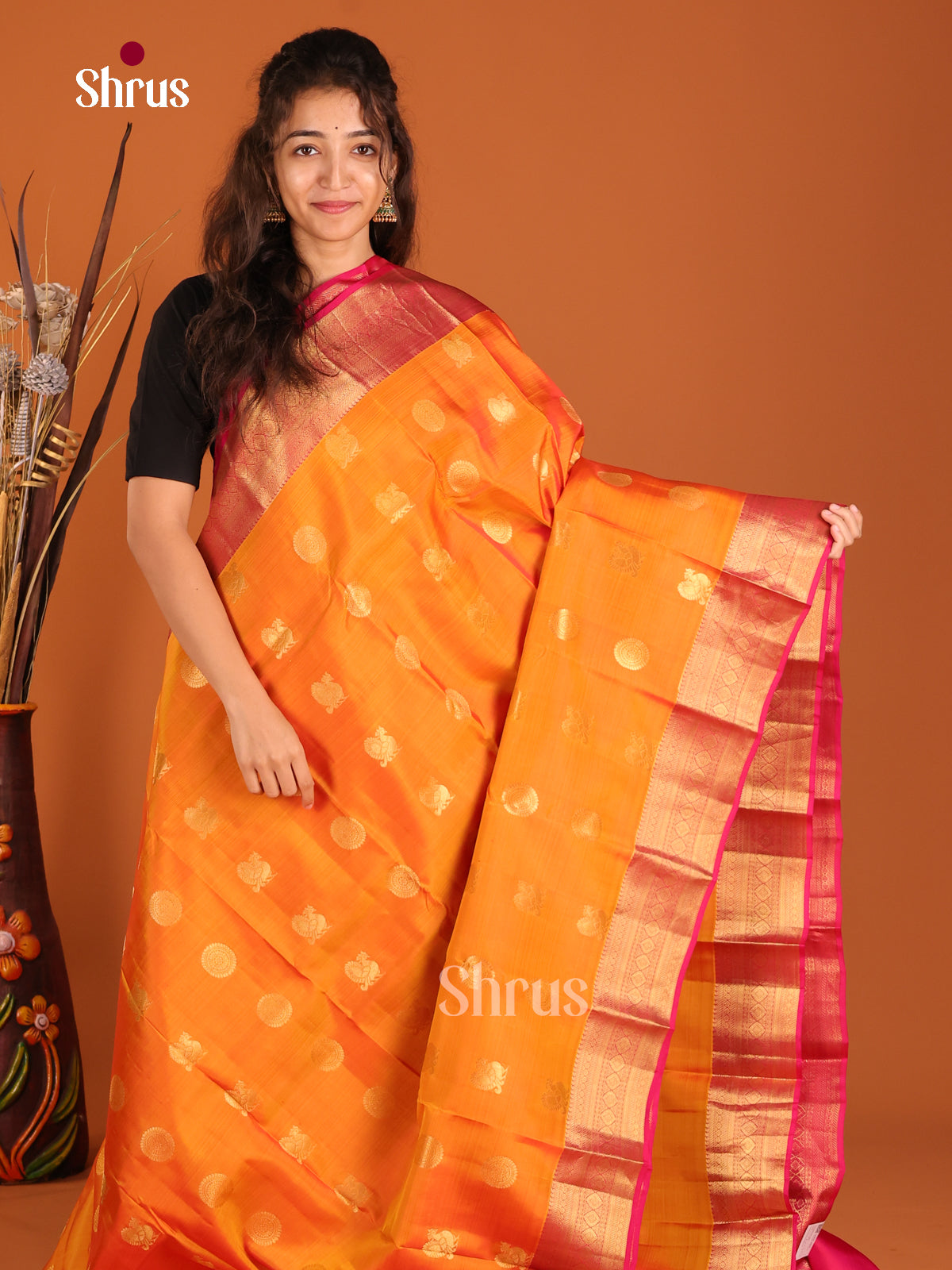 Orange & Pink - Kanchipuram-halfpure Saree - Shop on Shrus.com