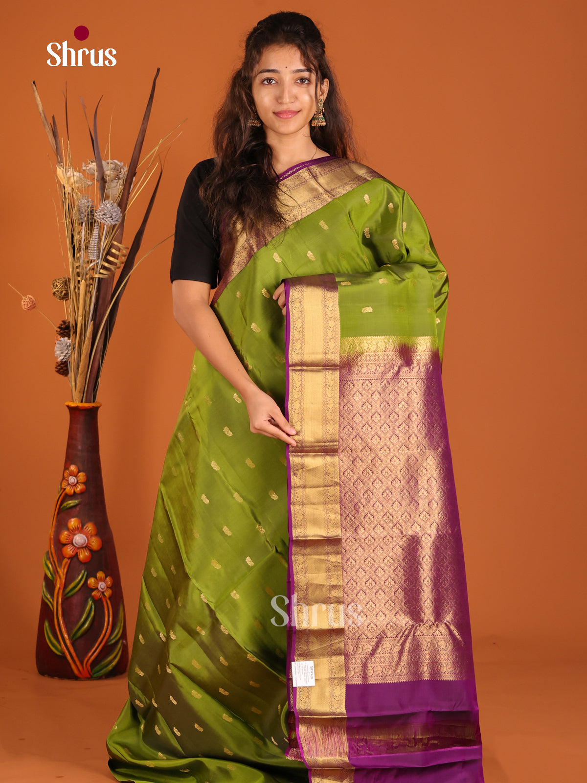 Leaf Green & Purple- Kanchipuram-halfpure Saree - Shop on Shrus.com