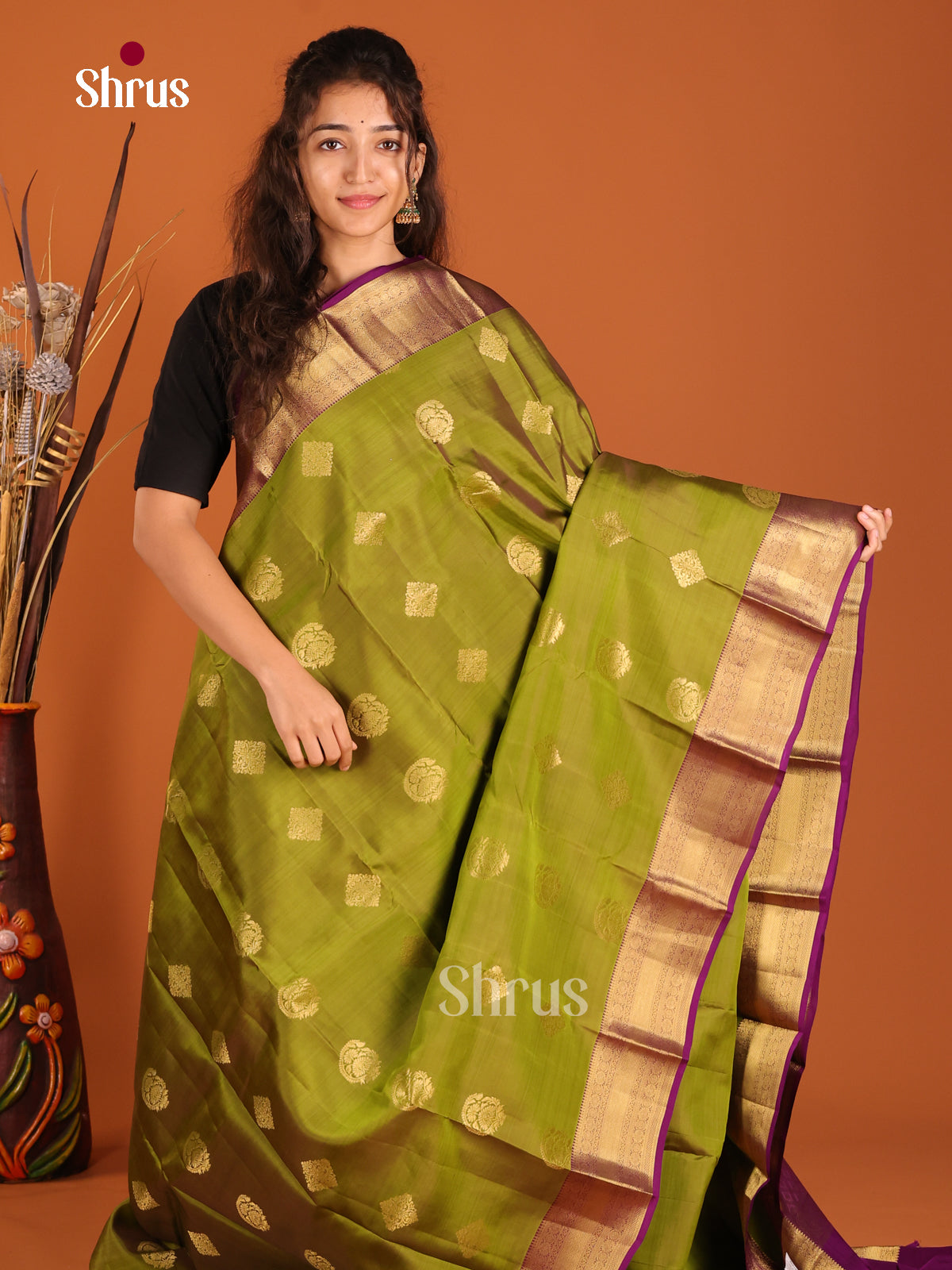 Mehandi Green & Purple - Kanchipuram-halfpure Saree - Shop on Shrus.com