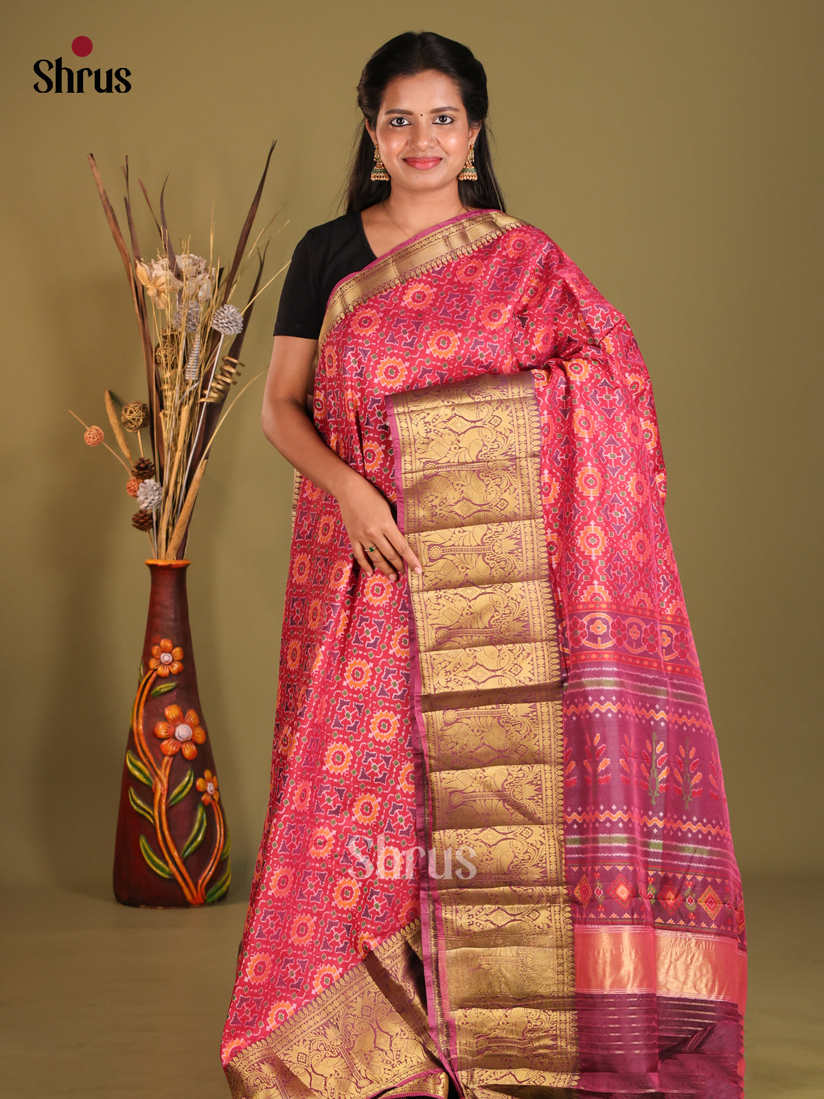 Pink  & Purple - Semi Patola Saree - Shop on Shrus.com
