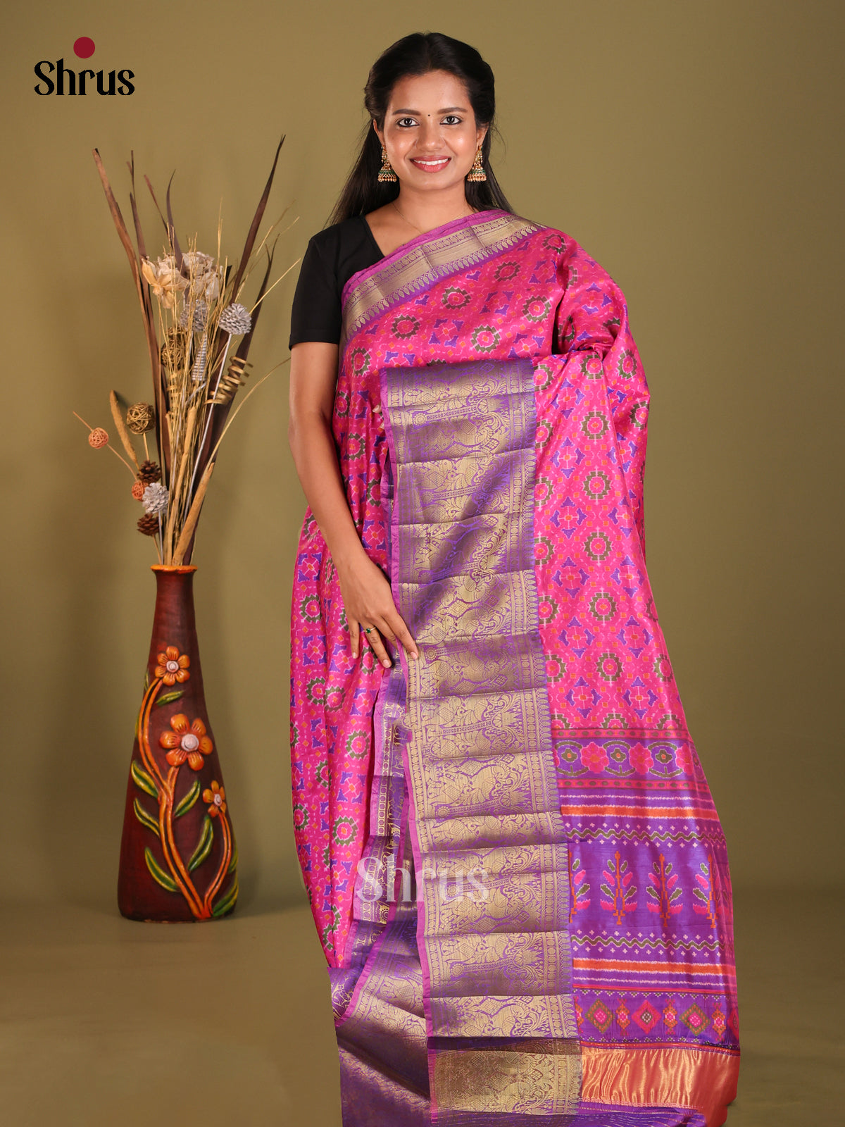 Pink & Purple - Semi Patola Saree - Shop on Shrus.com