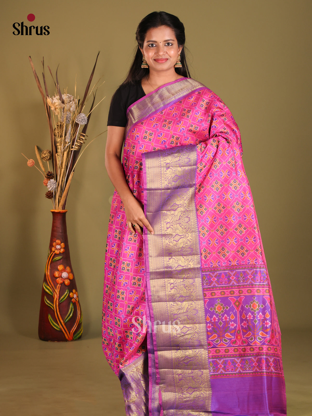 Pink & Purple - Semi Patola Saree - Shop on Shrus.com