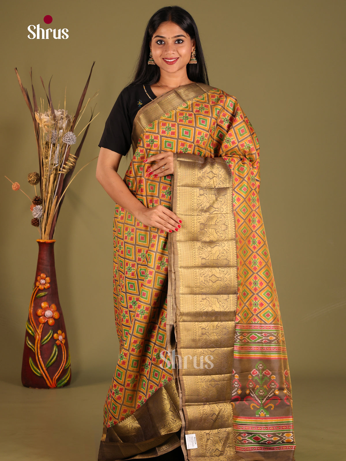 Mustard & Grey- Semi Patola Saree - Shop on Shrus.com