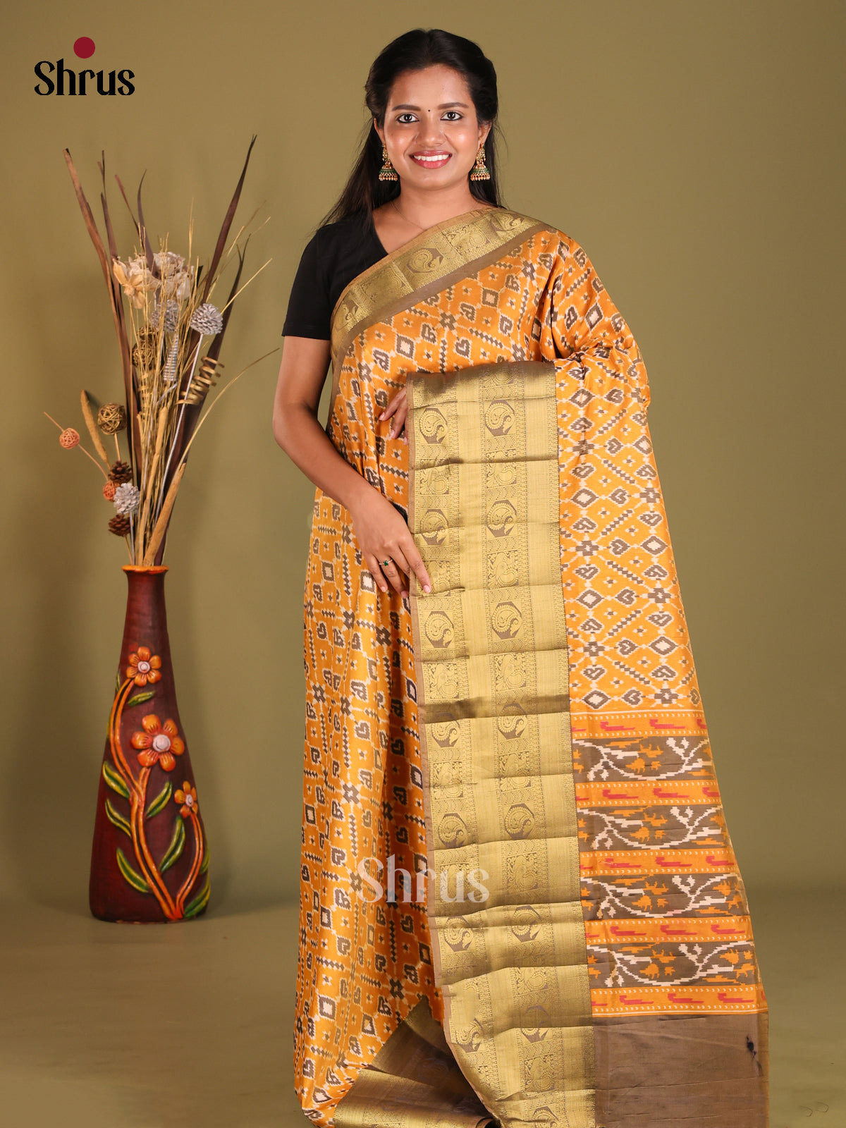 Mustard & Grey - Semi Patola Saree - Shop on Shrus.com