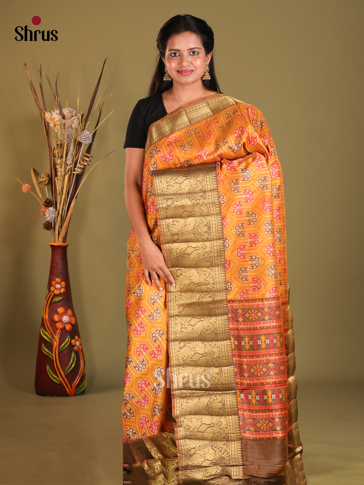 Orange & Brown - Semi Patola Saree