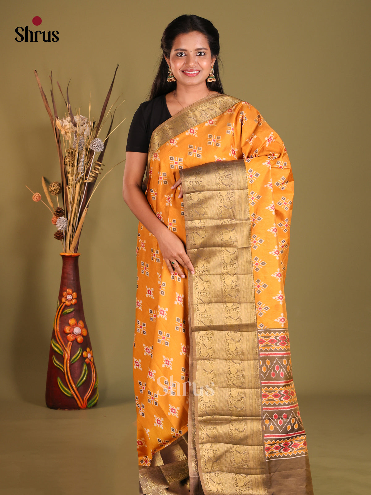Mustard & Grey - Semi Patola Saree