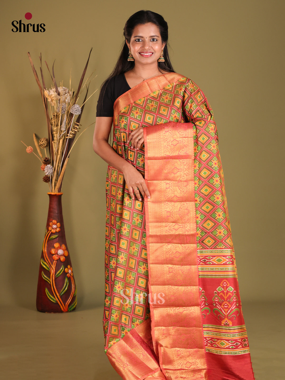 Mustard & Orangish Pink - Semi Patola Saree - Shop on Shrus.com