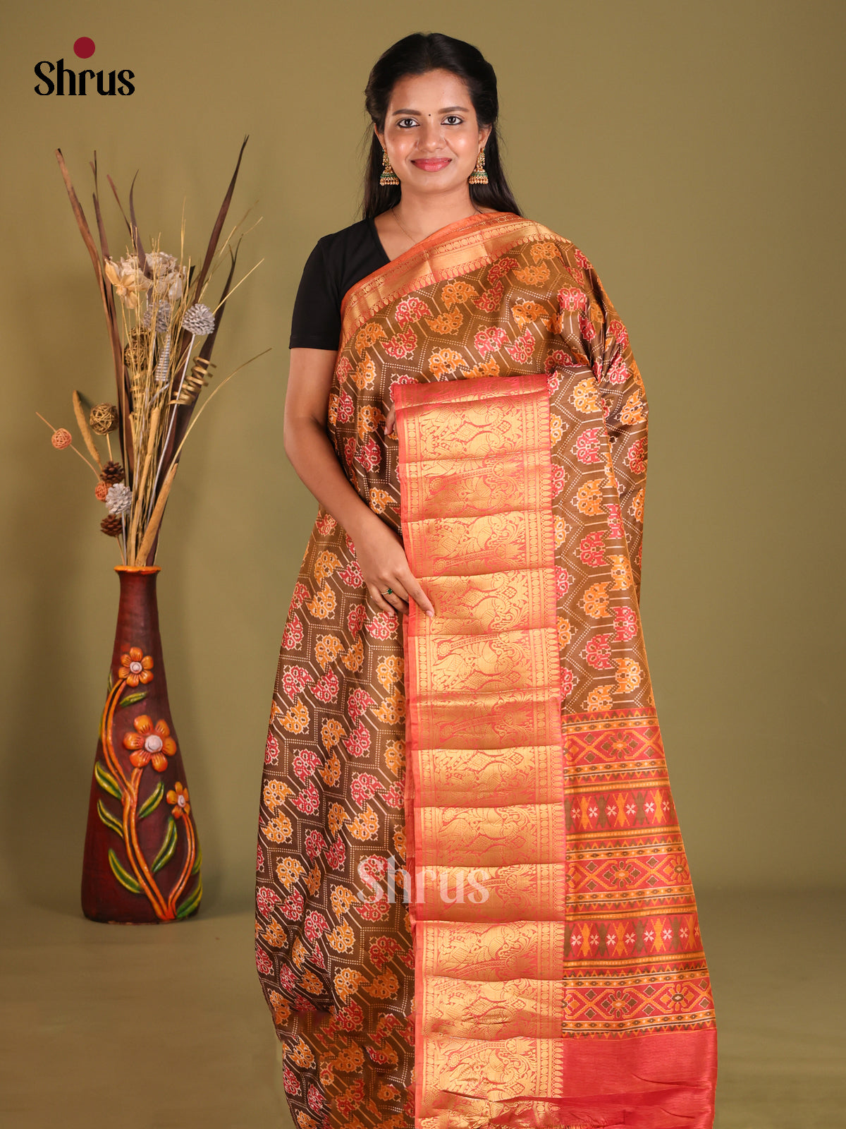 Mehandi & Brick - Semi Patola Saree