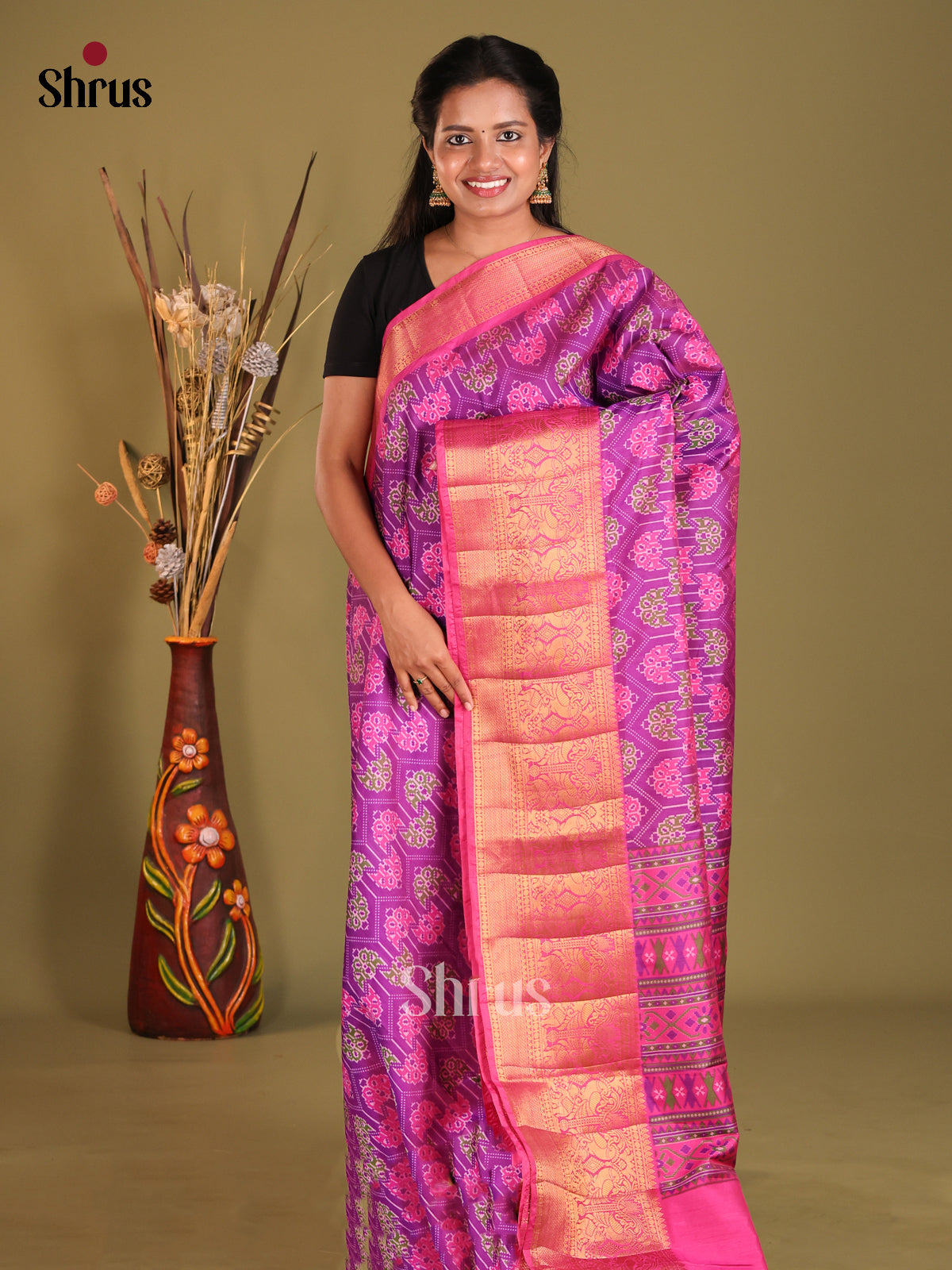 Purple & Pink - Semi Patola Saree - Shop on Shrus.com