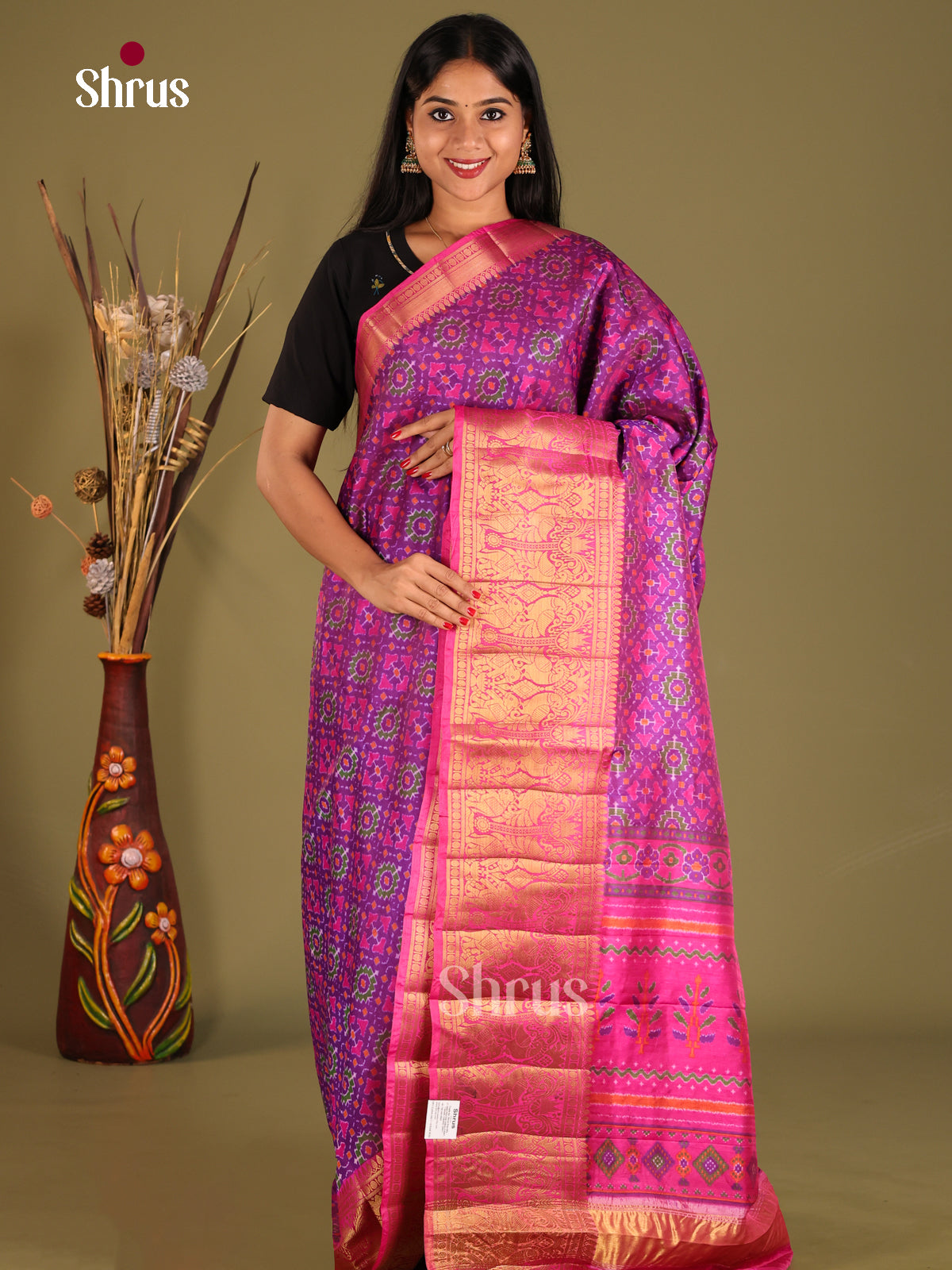 Purple & Pink - Semi Patola Saree - Shop on Shrus.com