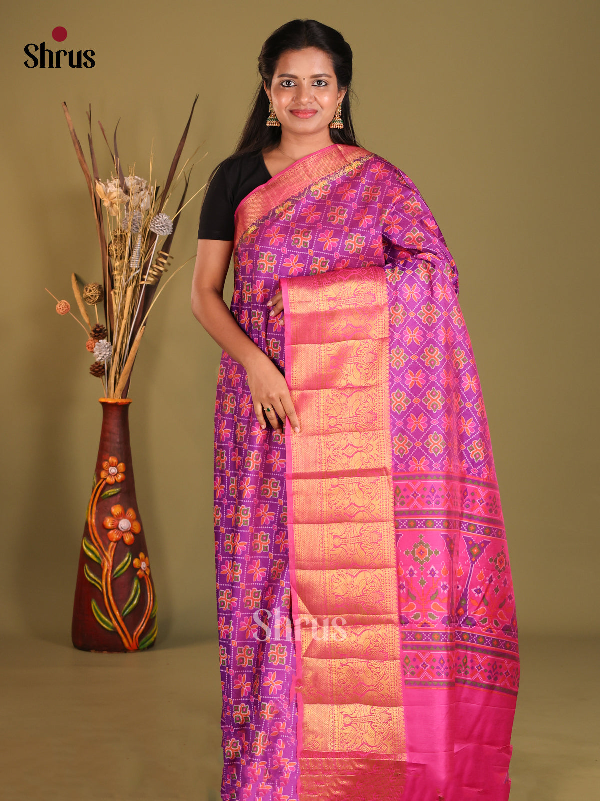 Purple & Pink- Semi Patola Saree - Shop on Shrus.com