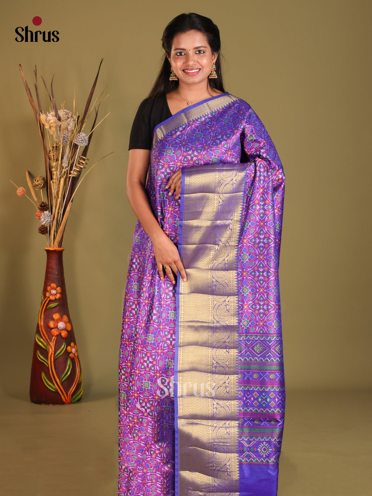 Purple & Blue - Semi Patola Saree - Shop on Shrus.com