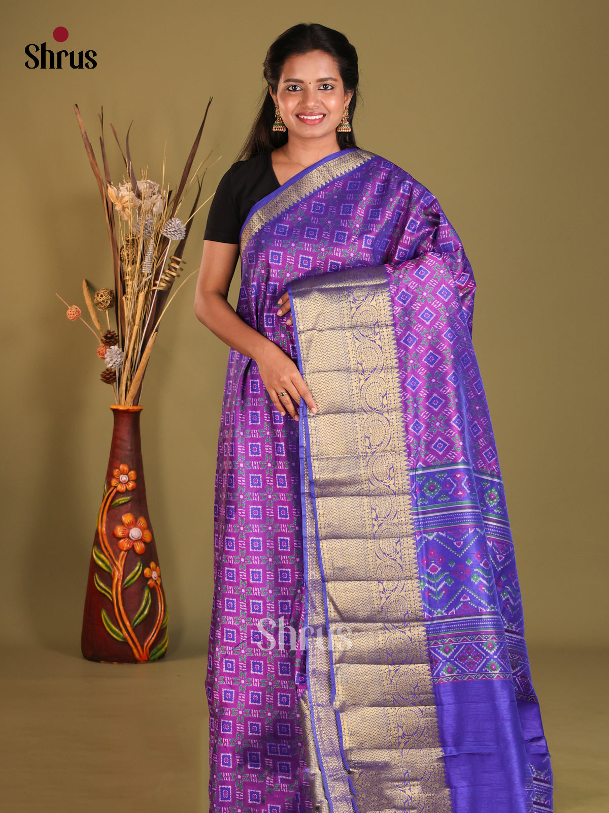 Purple & Blue - Semi Patola Saree - Shop on Shrus.com